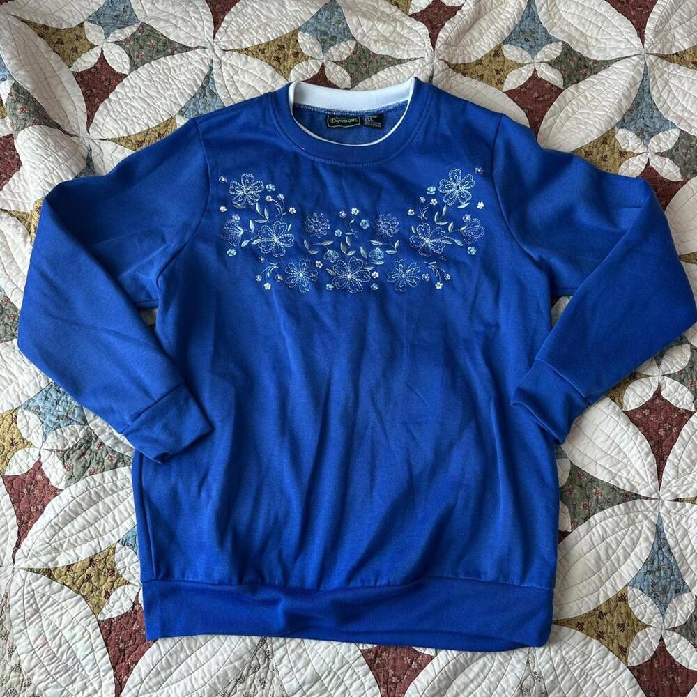 Vintage 90s blue embroidered floral double collar sweatshirt w flowers Size L
